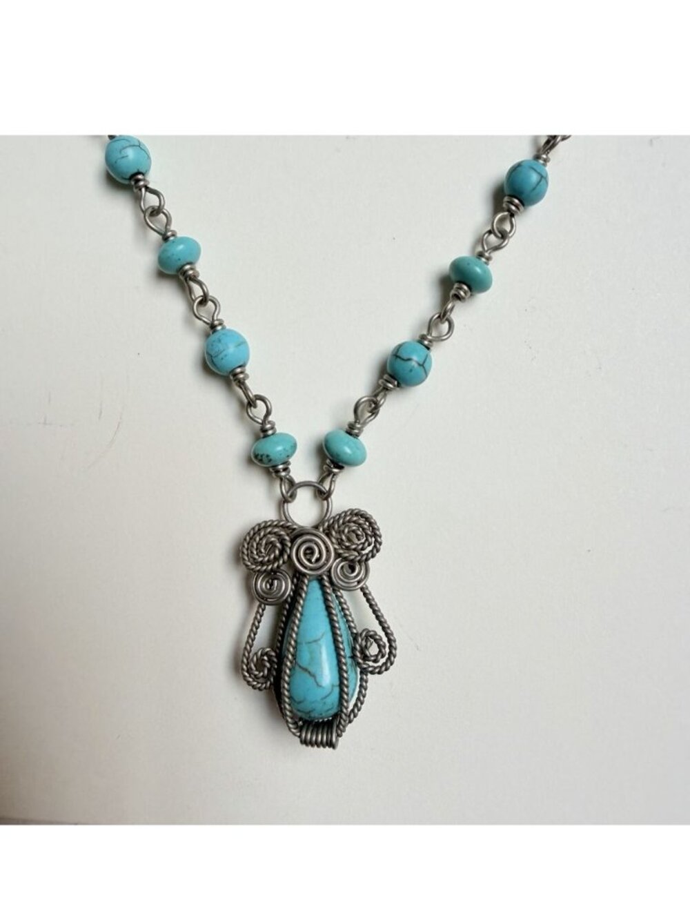 Wire Wrap Tear Drop Turquoise Pendant Chain Handmade Necklace Gift Statement